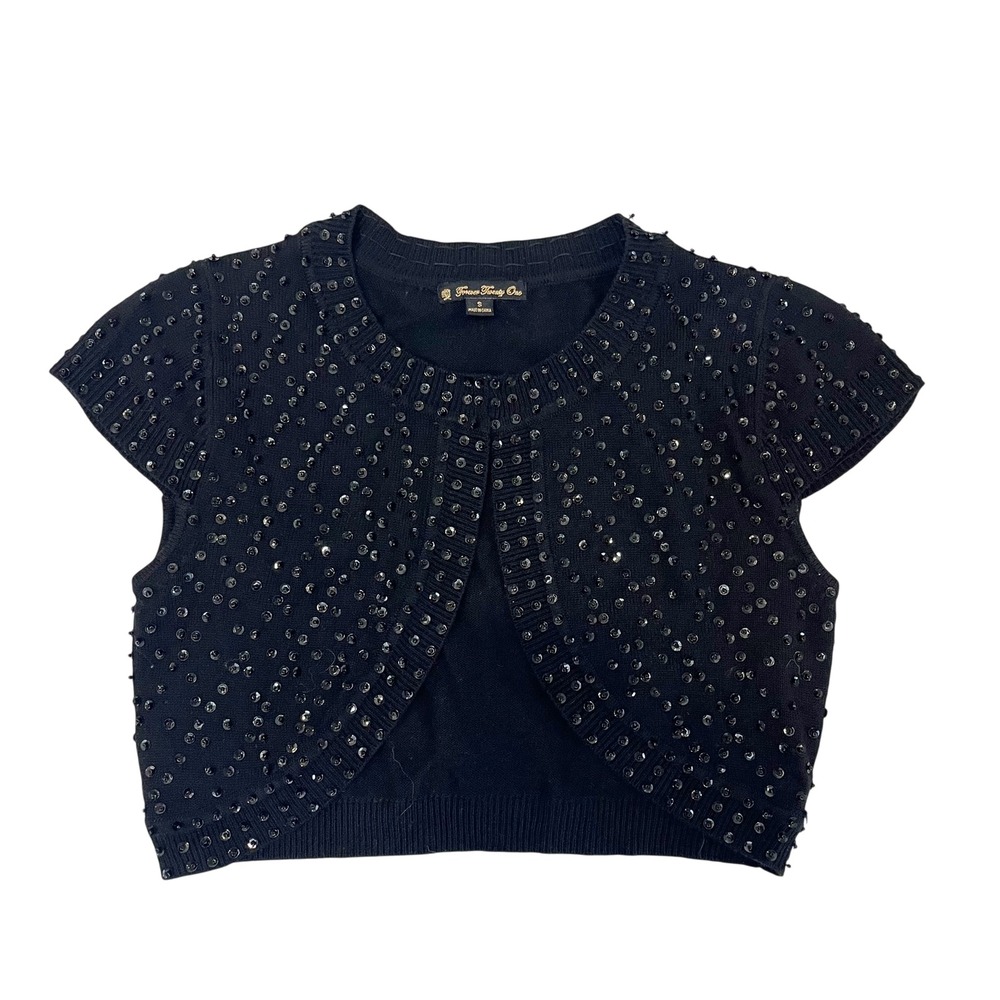 Vintage Y2K Forever 21 Black Sequin Cropped Bolero Cardigan Short Sleeve SMALL